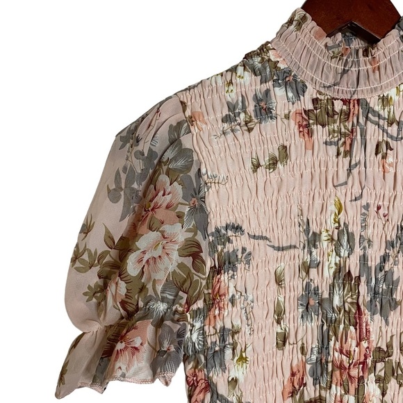 Hello Molly Floral Print Smocked High Neck Bodycon Pink Midi Dress 4 Small - Picture 7 of 15